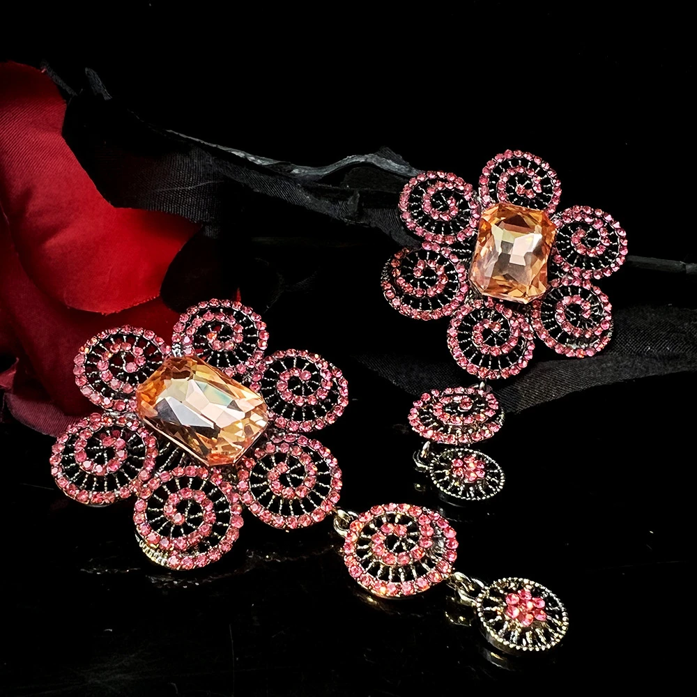 Exquisite Full Rhinestone Flower Rose red Luxury Dangle Drop Earrings for Women Fashion Bridal Wedding Accessories Runway Show