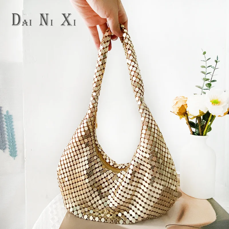 

Модные женские сумки через плечо, дизайнерские Серебристые дамские сумочки из металлической сетки, маленькая сумка-тоут через плечо