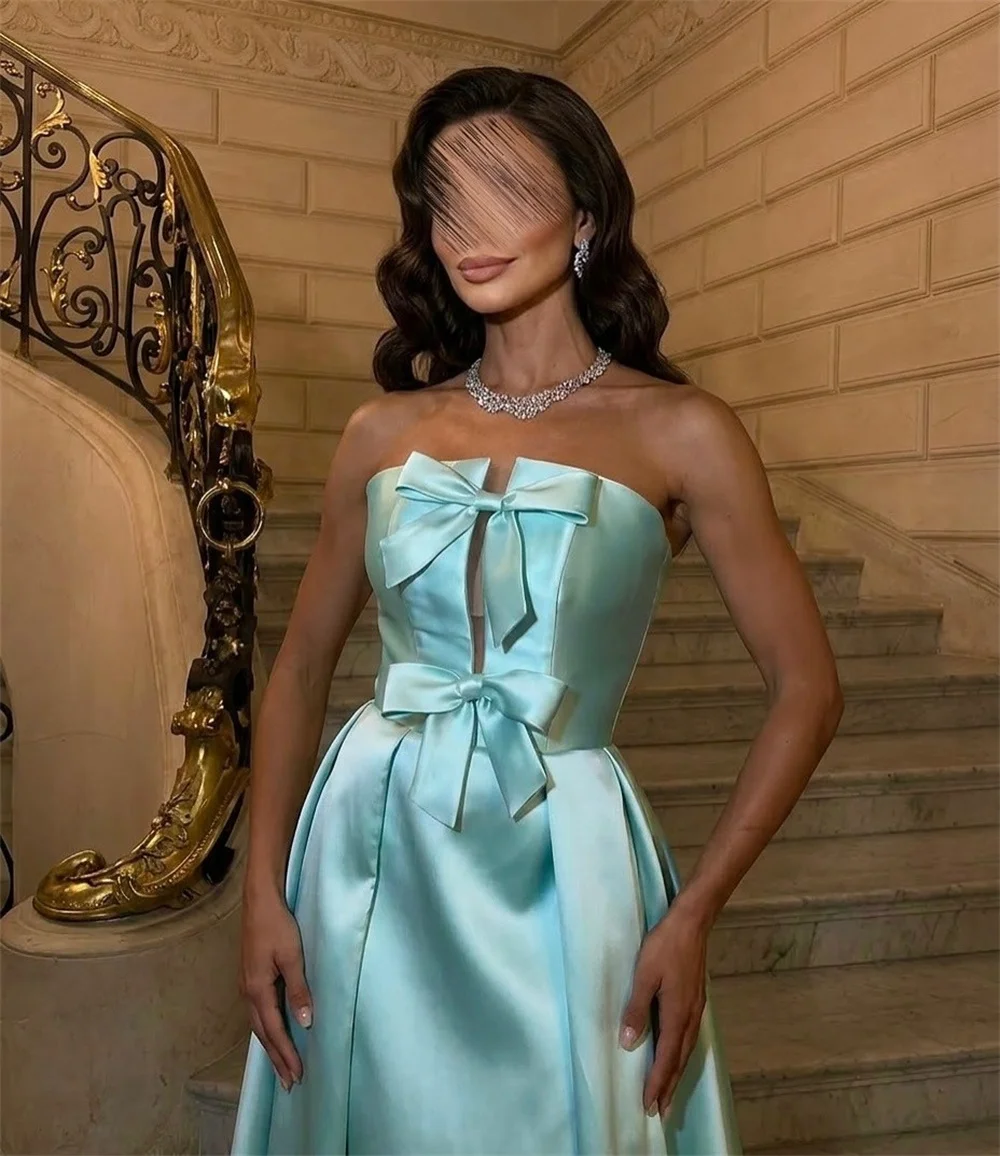 Contessa Custom Light Blue Strapless Evening Dress Big Bow Satin Prom Dresses A-Line Vestidos De Noche Train Formal Evening 2026