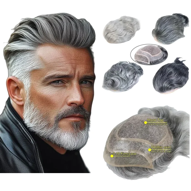 

Мужская система волос 8x10 дюймов, моно-база, парик из натуральных волос с серой кружевом, из искусственной кожи, выбор от 1B20 до 1B90 # 4 # 7 # 613 цветов