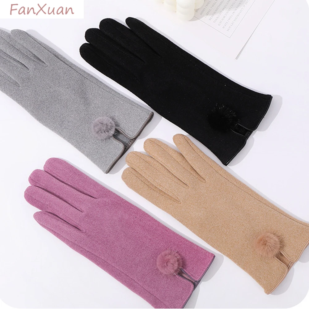 

women gloves autumn winter solid color soft warm plush lining cute fur pompom elegant gloves touch screen