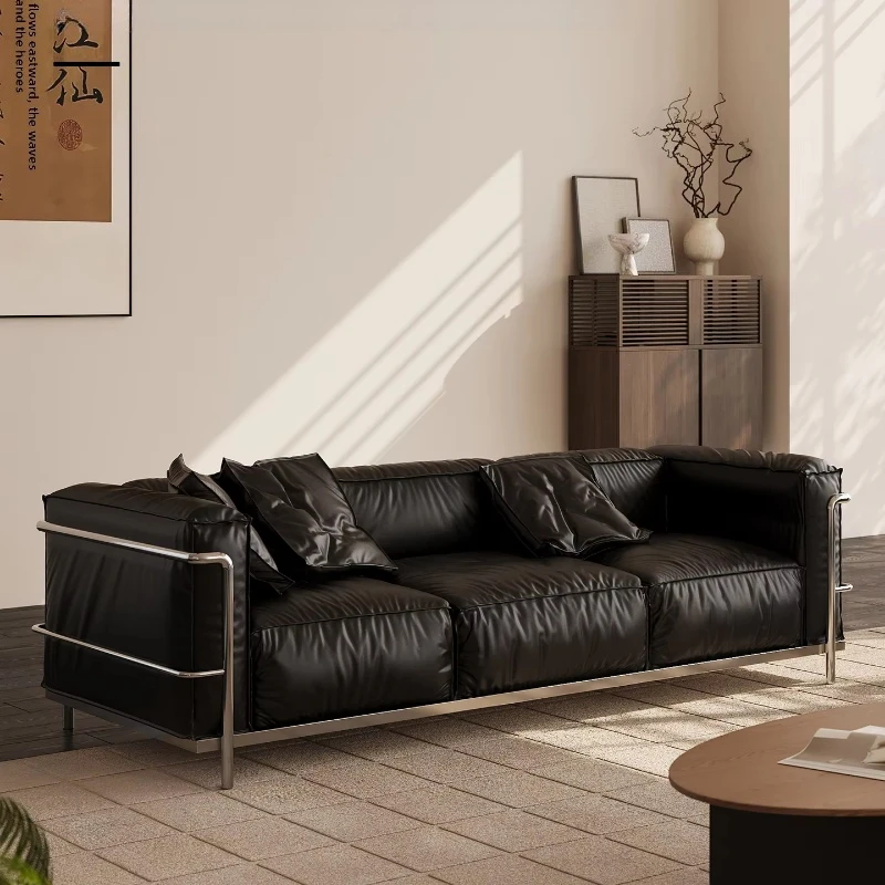 Retro black oil wax leather leather three-seat sofa small apartment living room