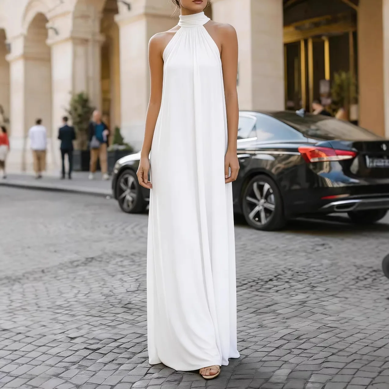 

2026 New Arrival: High-Neck Folded Sleeveless Wrap Dress with Draping for Elegant Banquet Attire
