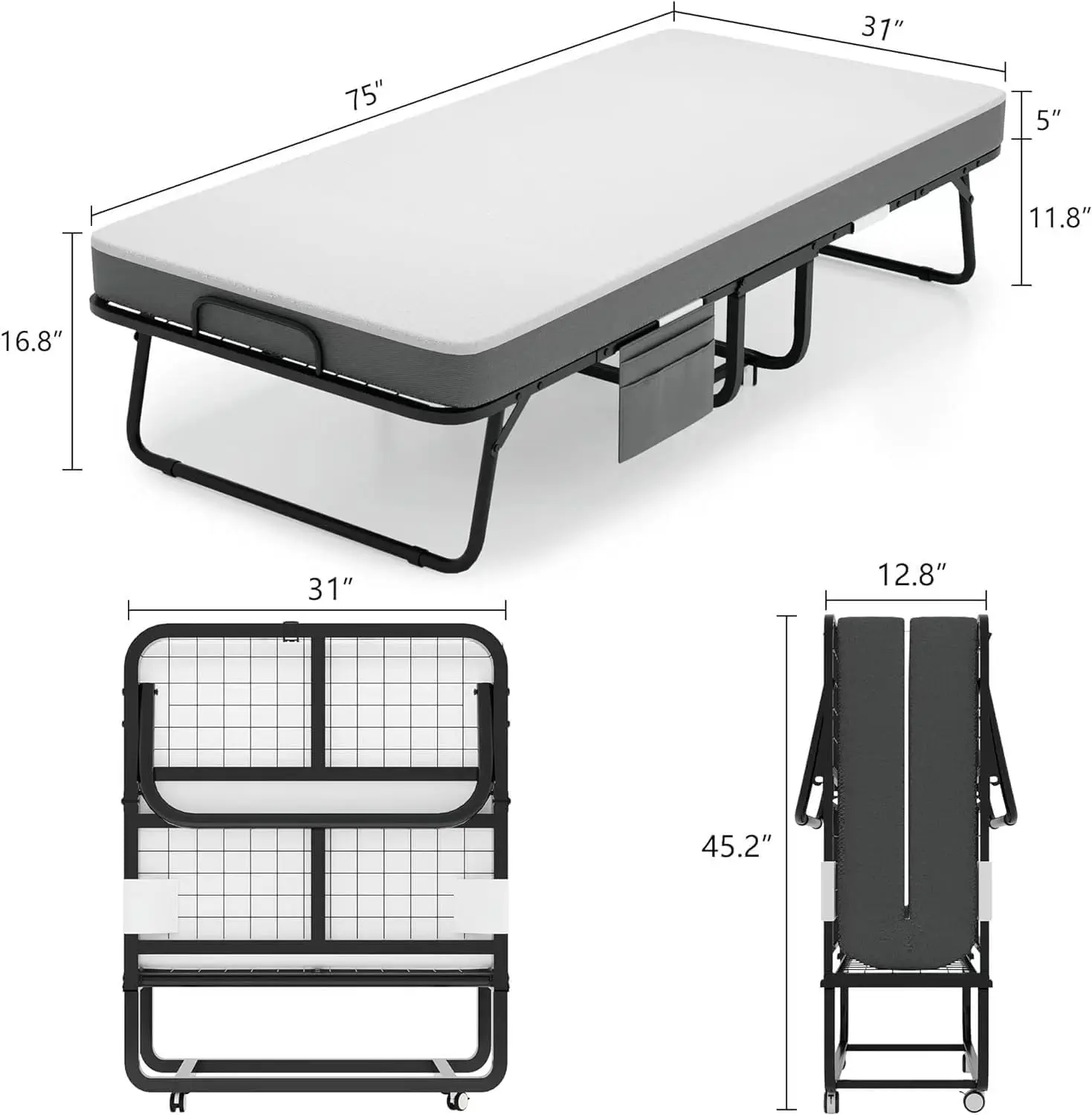 Folding Bed with Mattress - Portable Roll Away Adults Bed for Guest, 5-Inch Thick Luxurious Memory Foam, Space Saving F