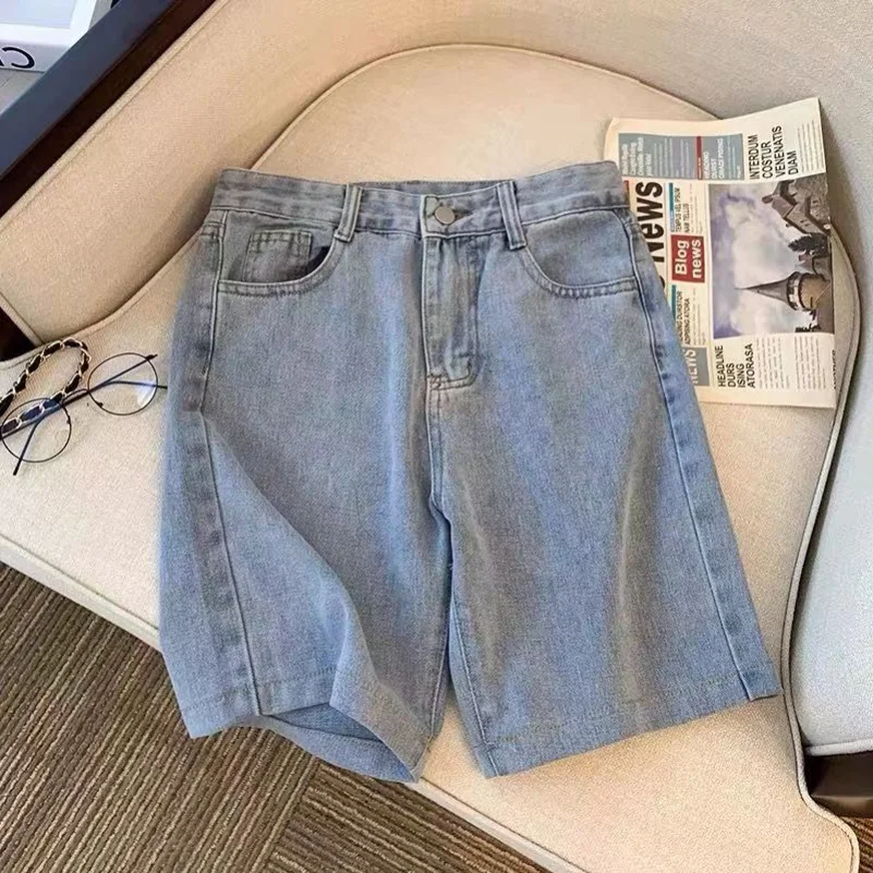 Vintage Knee-length Spliced Design Fashion Loose Leisure Style Streetwear High Street Cool Teens Women Denim Shorts Solid