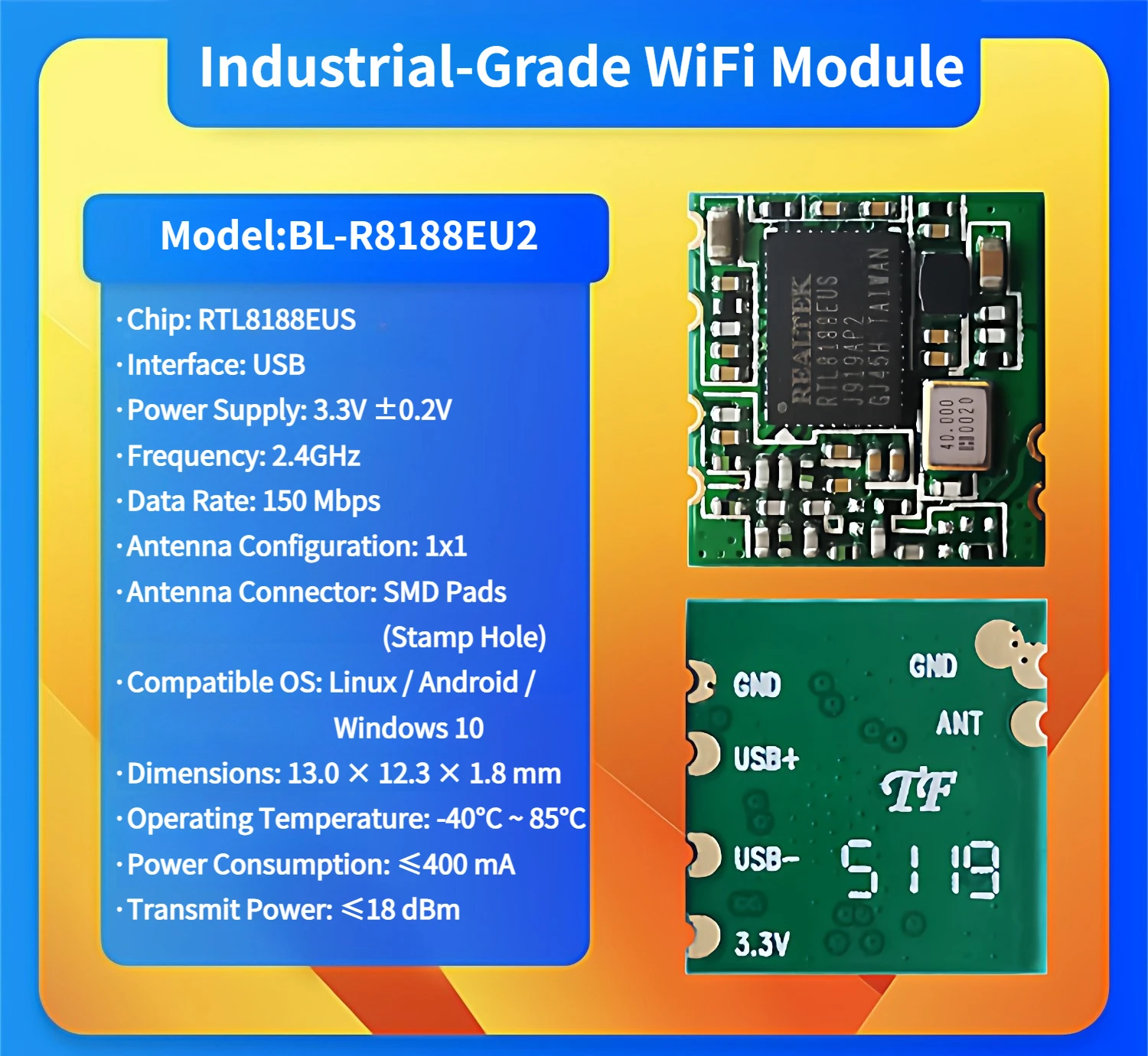 BL-R8188EU2 Industrial WiFi Module USB 2.4GHz Wireless Video Transmitter Support -40℃ to 85℃ for Industrial PC IPC