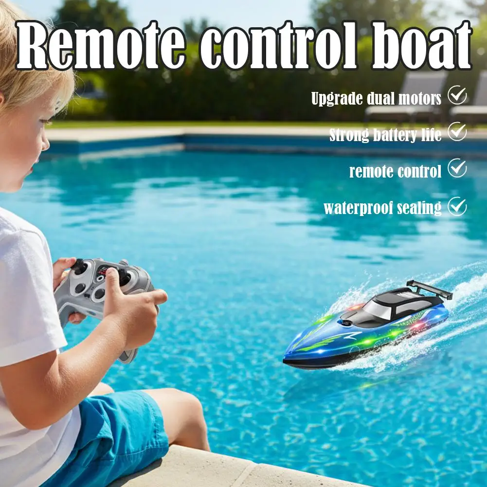 Barco RC de alta velocidad para niños y adultos, barco de carreras de doble Motor con luces LED, barco de Control remoto impermeable, juguete, regalo de cumpleaños