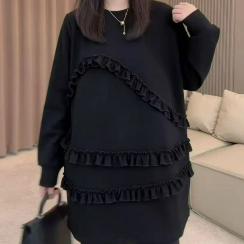 2026 خريف شتاء نمط جديد من فستان هوديي المرأة فستان عصري غير رسمي فضفاض متوسط الطول مكشكش على شكل حرف a تي شيرت #2