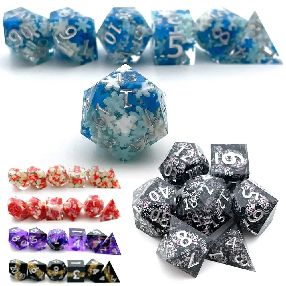 7Pcs Black Butterfly Decor Polyhedral Resin Dice Set Table Games Dices Accessory D6 D8 D10 D12 D20 For D&d DND