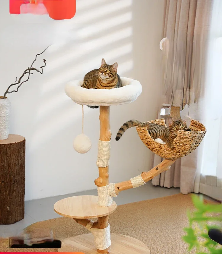 The wooden cat climbing frame is all solid wood  tree frame  nest is integrated, does not occupy fruit wood logs