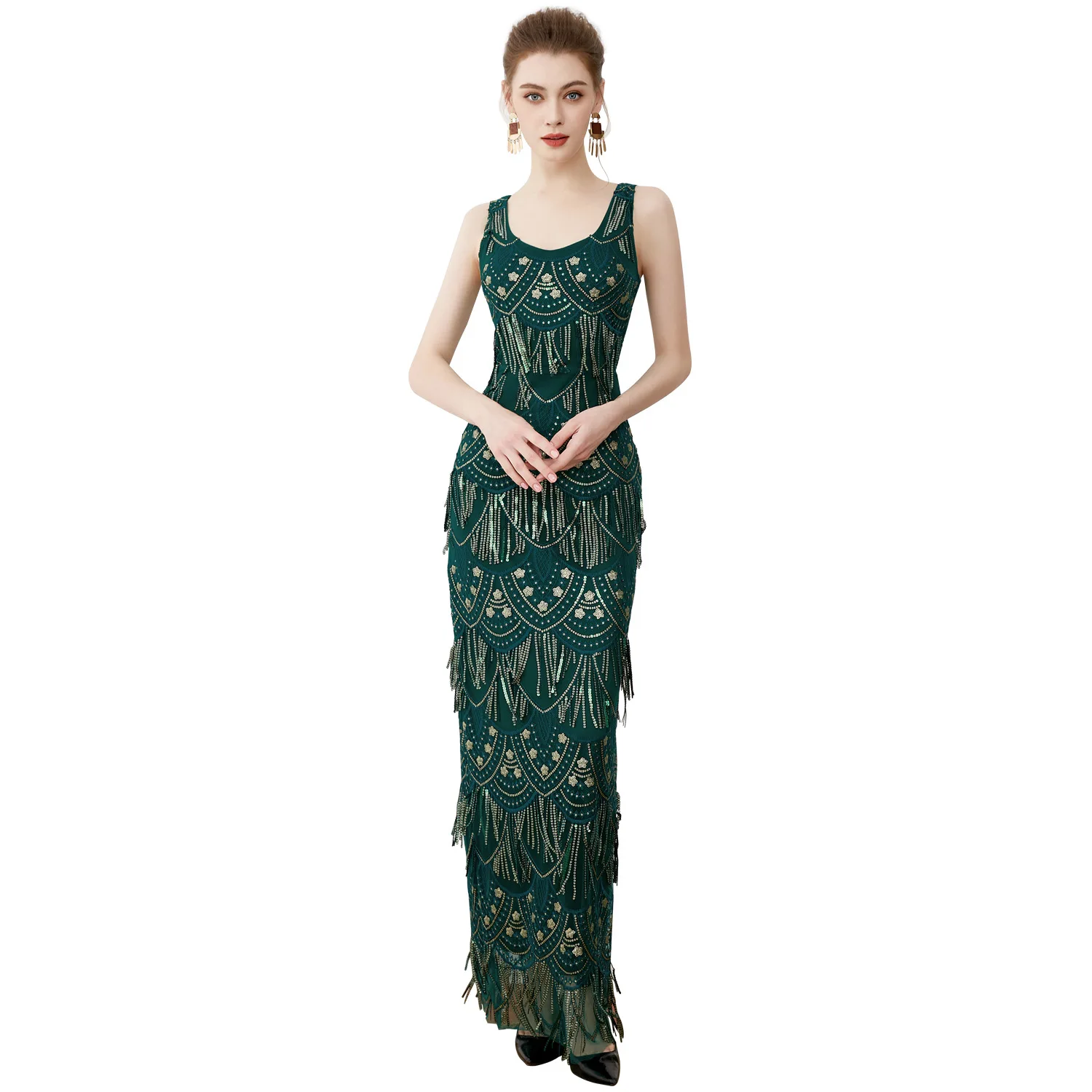 

Vintage V-neck Sleeveless Sequins Tassels Embroidery Long Formal Evening Dress Green