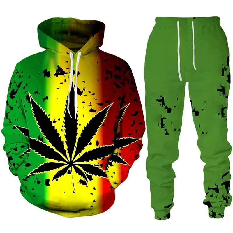 2024 New Colorful Maple Leaf Hooded Sweatshirts 3D Printed Hoodie Trouser Tracksuit Suit Men Casual Pullover Sweatshirt Set