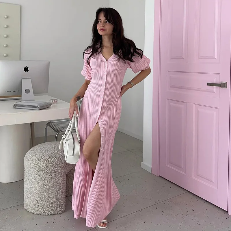 Sommerliches Strick-Maxikleid für Damen – V-Ausschnitt, kurze Ärmel, sexy Schlitz, lässiges Y2K-Streetwear-Kleid