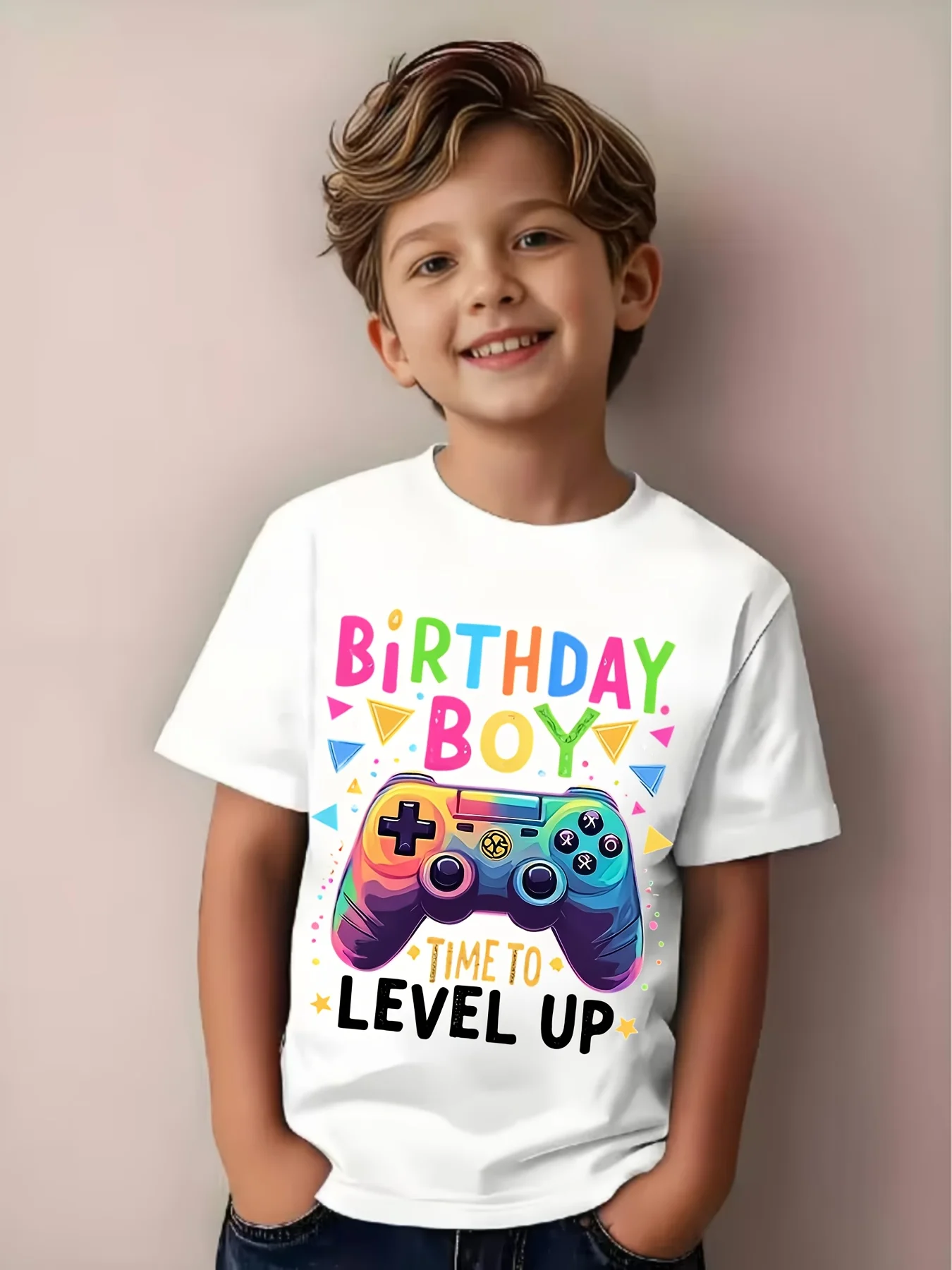 Boys Time‑to‑Level‑Up Game‑Controller‑Print Birthday‑Gamer Casual Short‑Sleeve Crew‑Neck T‑Shirt