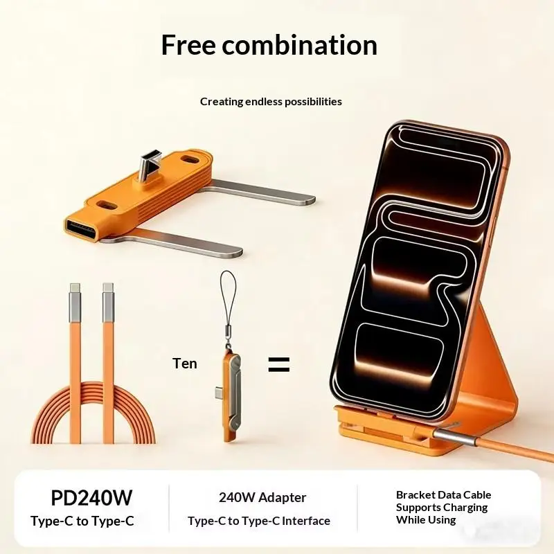 240W 2-in-1 Type C to Type C Charging Cable Foldable Holder for Phone Desk Stand Streaming