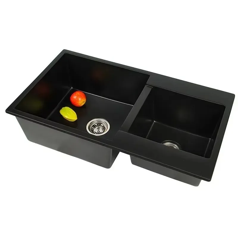 STLF Handmade Large Double Sink Kitchen Sink Quartz Stone Single Bowl with Vegetable Pot Granite Kitchen Sink