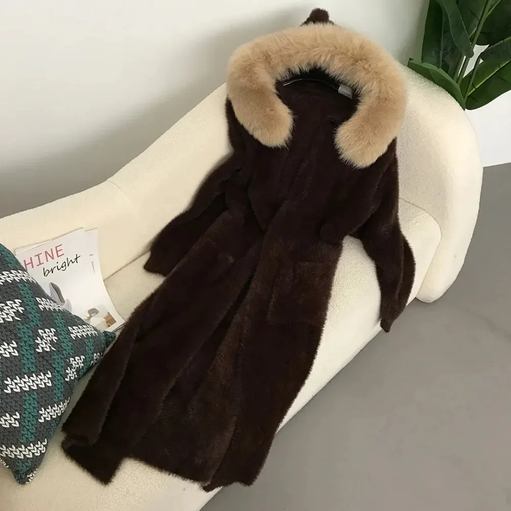 2024 Natur fuchs Pelz kragen Pullover Strick Echtpelz Mantel Frühling Winter jacke Frauen Kapuzen Tasche X-lange lose Oberbekleidung