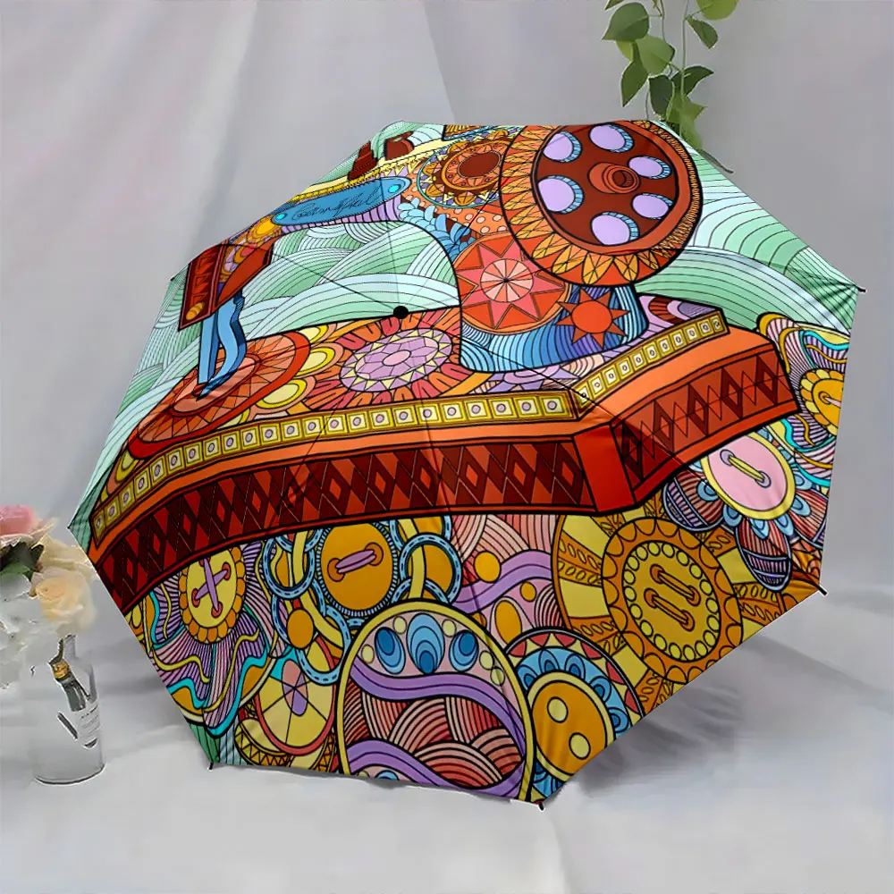 1PC Colorful Sewing Machine Design Umbrella Print 8 Iron Ribs Folding Umbrella Auto-Open Fashion Sunshade