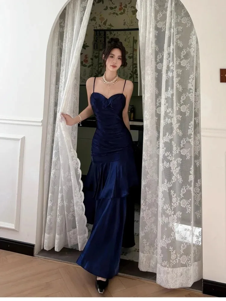 

Customized Fashion Charmeuse Tiered Draped A-line Spaghetti strap Long Dresses Bespoke Occasion Dresses Elegant Sizes Available