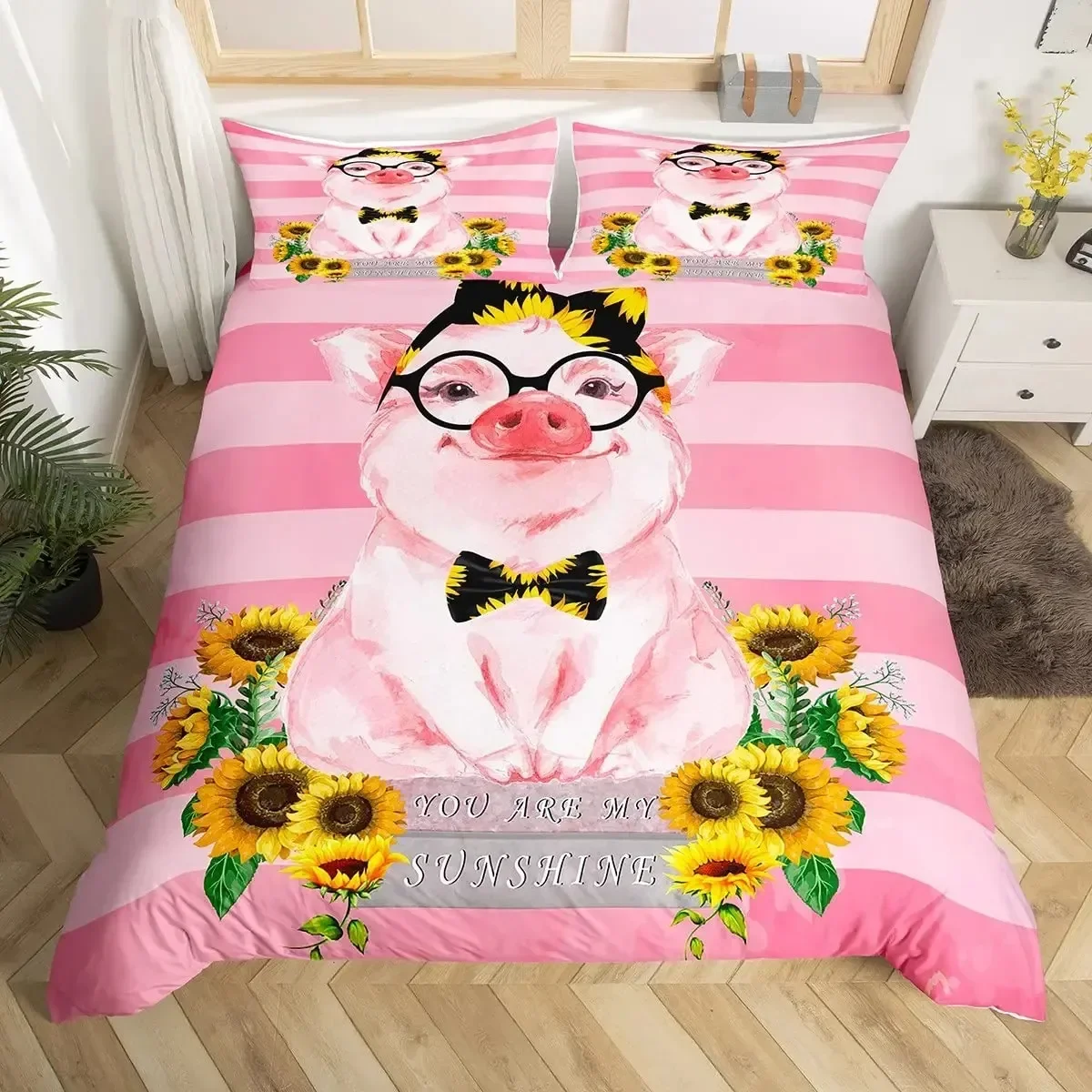 

Cute Pig sunflowers Florals Pink Grid Lattice Plaid Comfortable Duvet Quilt Cover Pillowcase Bedding Set Bedroom Home Textile