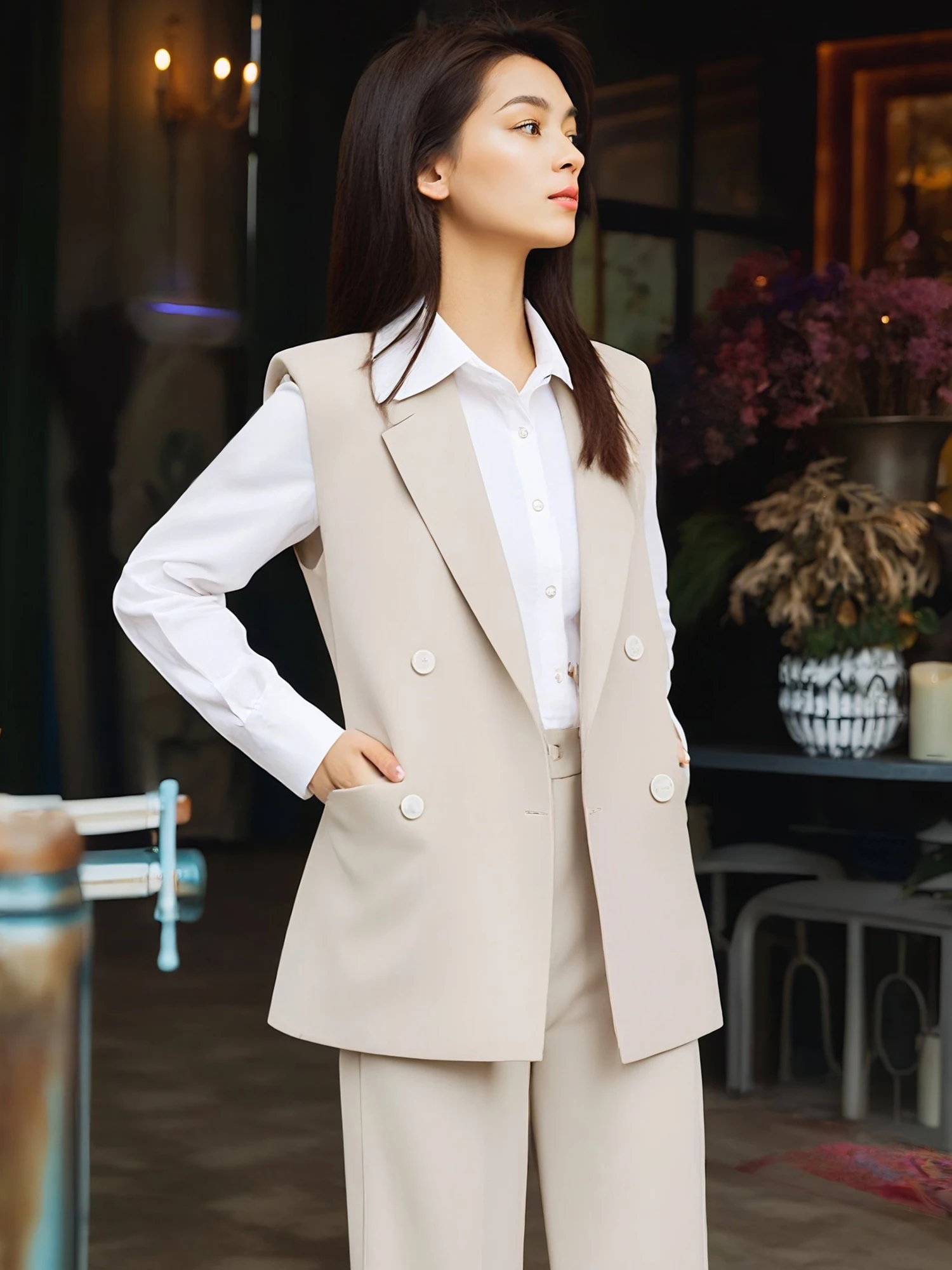 

Faionable Retro Vest Set for Women Commute Sle Polyester Fiber Long Pants Suitable for Autumn Season Adult Women