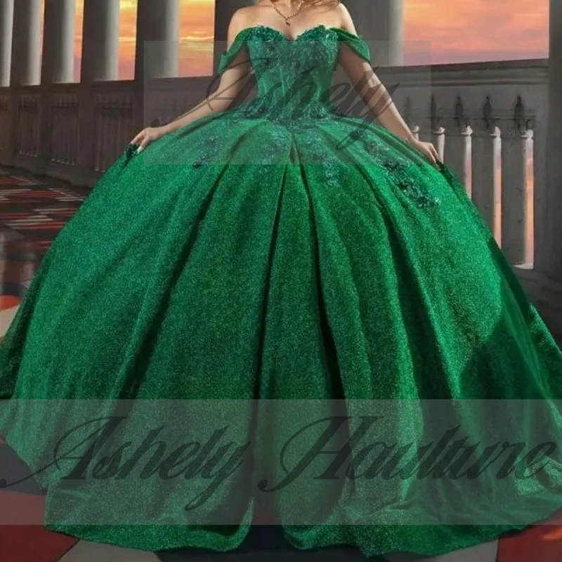 Elegante Abito Verde da Cerimonia per Donna, Vestito da Ballo con Spalle Scoperte e Applicazioni in Pizzo, Abito da Quinceañera Personalizzato per Ragazze di 15-16 Anni