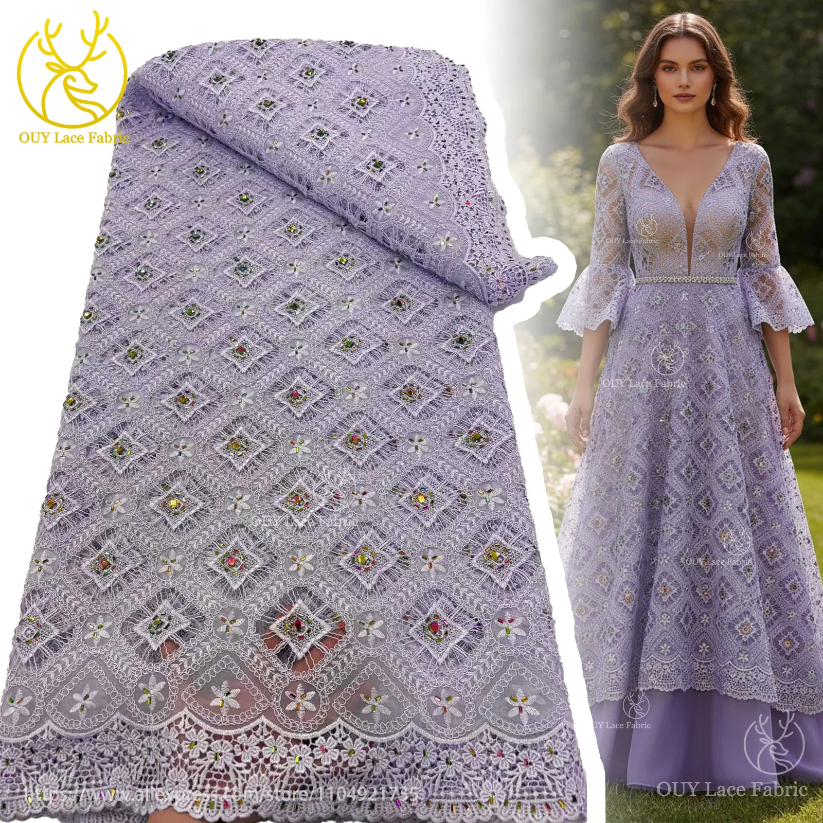 Neueste Elegante Afrikanische Guipure-Spitze mit Stickerei und Steinbesatz 2026 Hochwertige Nigerianische Abendkleider-Spitze für Partys – Detail 5