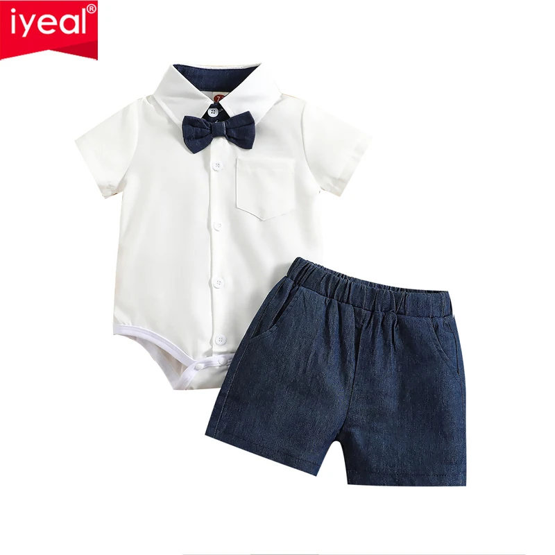 

IYEAL Infants Newborn Boy Clothes Sets Boys' Lapel Bow Little Gentleman Short Sleeve Shirt Bodysuit+Deep Blue Jeans Shorts Set