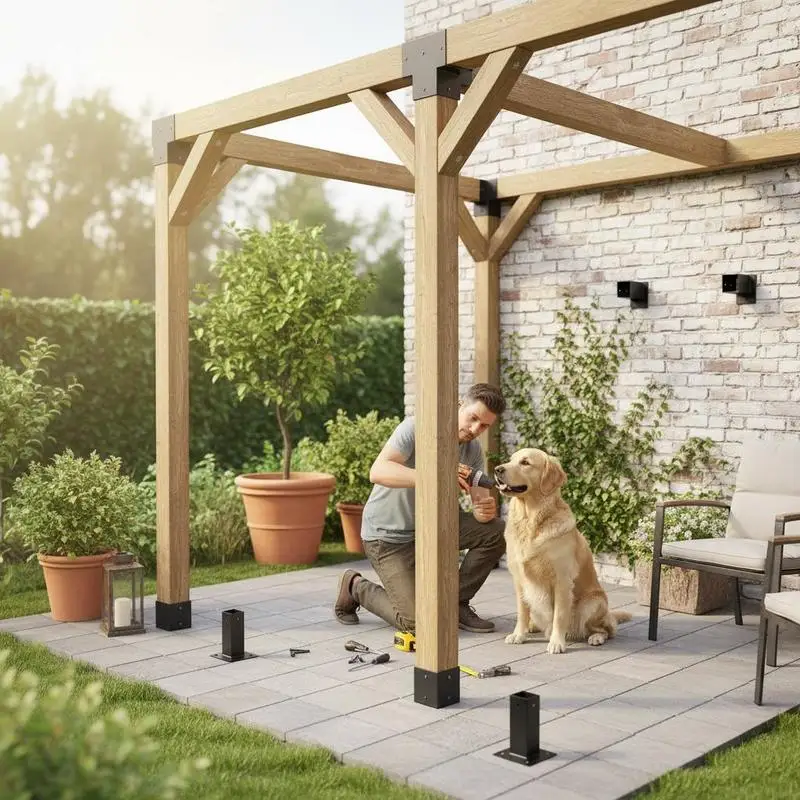 Post connectors, 3-way angled brackets for 92x92 mm wooden beams, 2-pack pergola brackets with 2 post bases & 2 wall mounting bases, for pergolas, gazebos & outdoor sheds