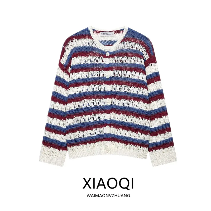 Summer 2026 Women's Knitted Hollow out Long Sleeve round Neck Striped Outerwear Casual Loose Fit Single Piece Button up Cardigan