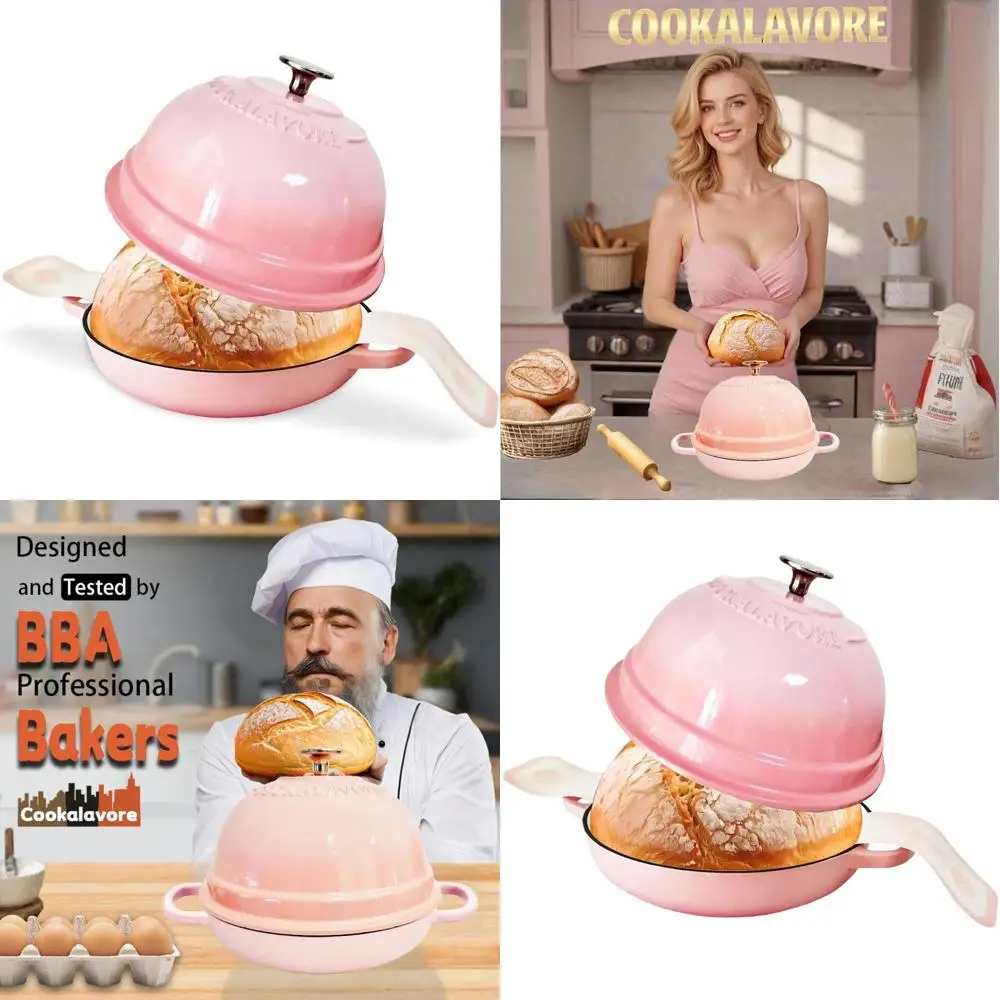 

6-Quart Enamel Bread Baking Pan, 10.5 Sourdough Oven with Lid, Pink for Homemade Bread, Includes Silicone Mat & Recipe