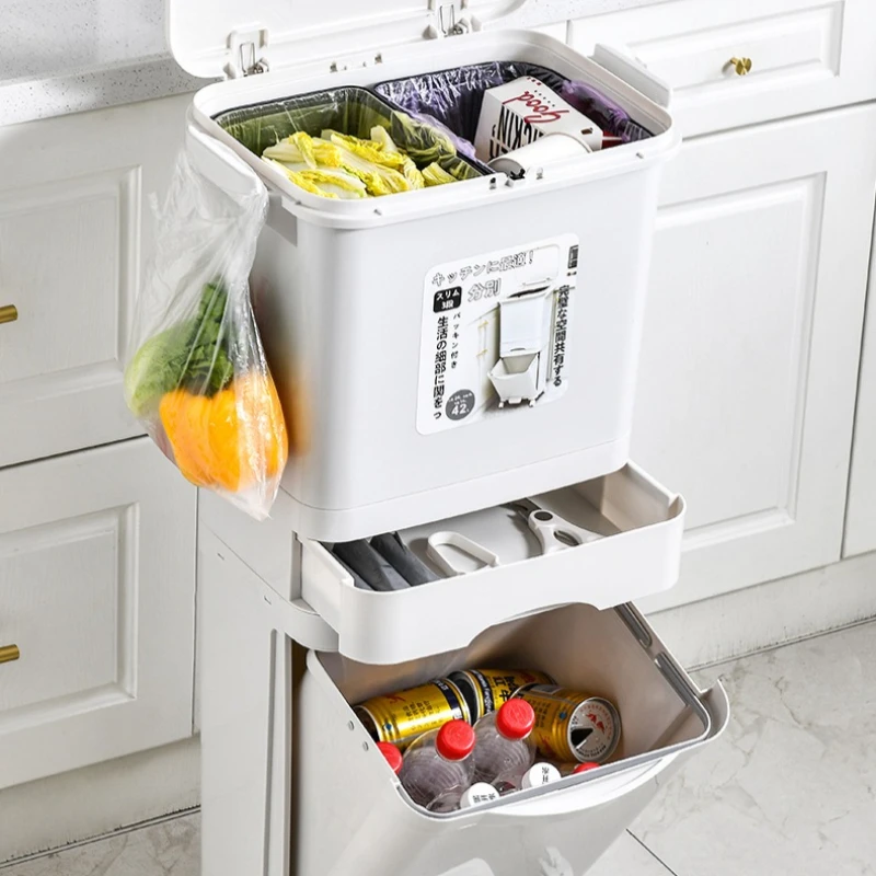 Kitchen trash can, household use, with lid, large capacity, double-layer, dry and wet separation, classification, thickened