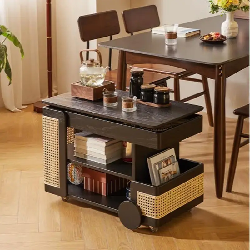 rattan lift coffee table, mobile wheeled trolley, bus coffee table, household rotation, living room sofa side cabinet