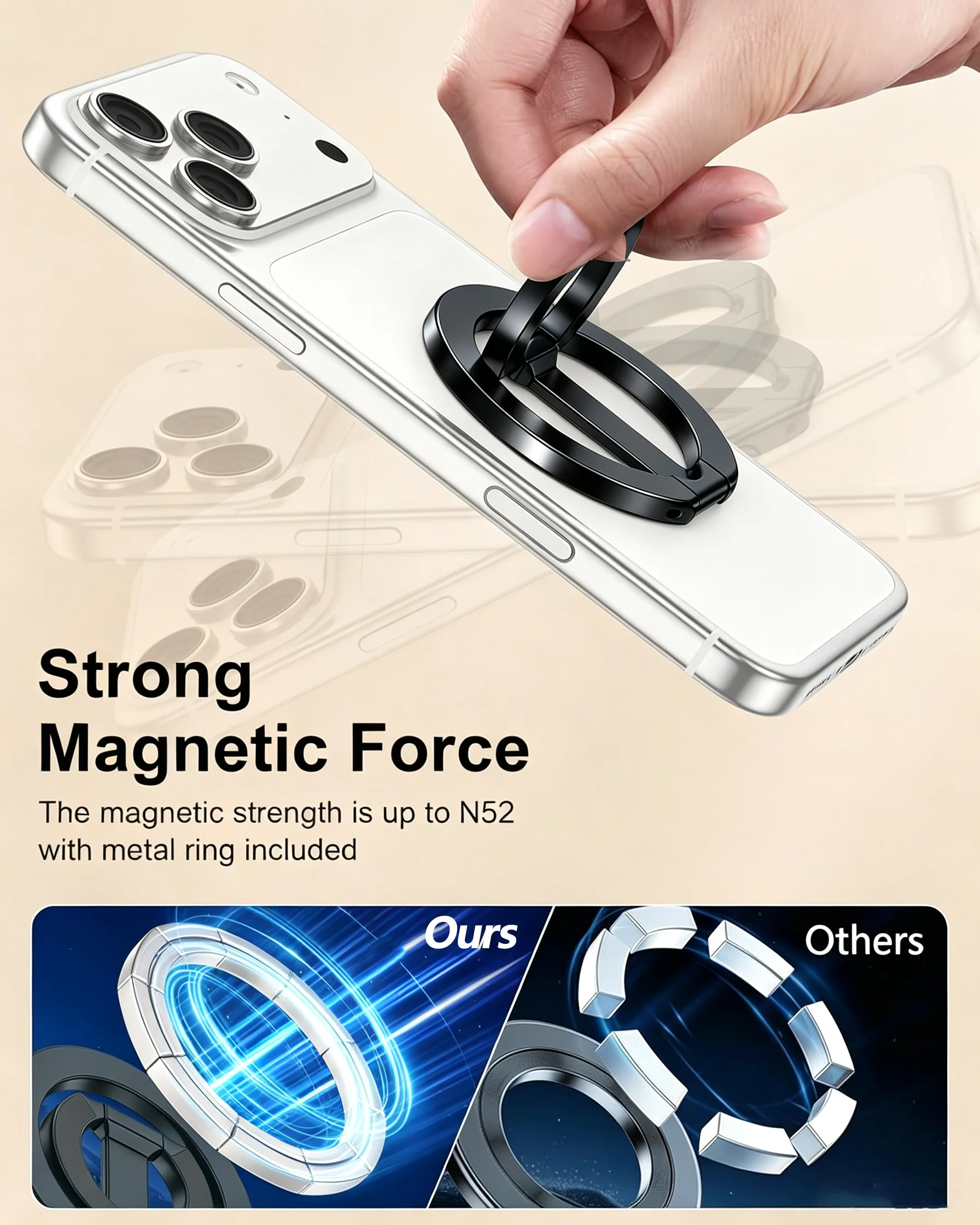Metal Double Side Magnetic Cell Phone Ring Holder Bracket Removable Cell Phone Grip Kickstand for iPhone MagSafe Samsung Xiaomi view 5