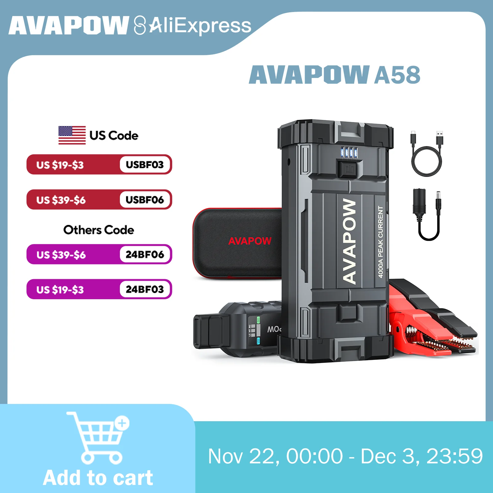 AVAPOW 4000A Car Jump Starter: Portable Power Pack for Gas & Diesel Engines, 12V, with LED Light & USB Quick Charge 3.0.