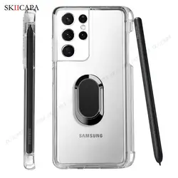 For Samsung S21 Ultra Stylus Socket SPen Slot Transparent Case For Galaxy G9980 G998D G998U Magnetic Ring Stand Soft Clear Cover