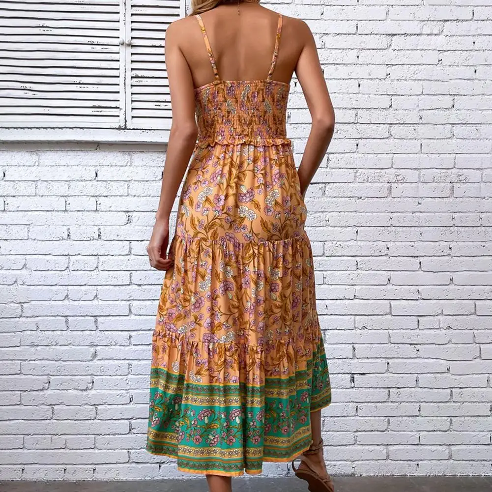 

Printed Summer Dress Ethnic Style Maxi Dress with Shirring Patchwork Detail Women's Sleeveless Vacation Sundress with for Women