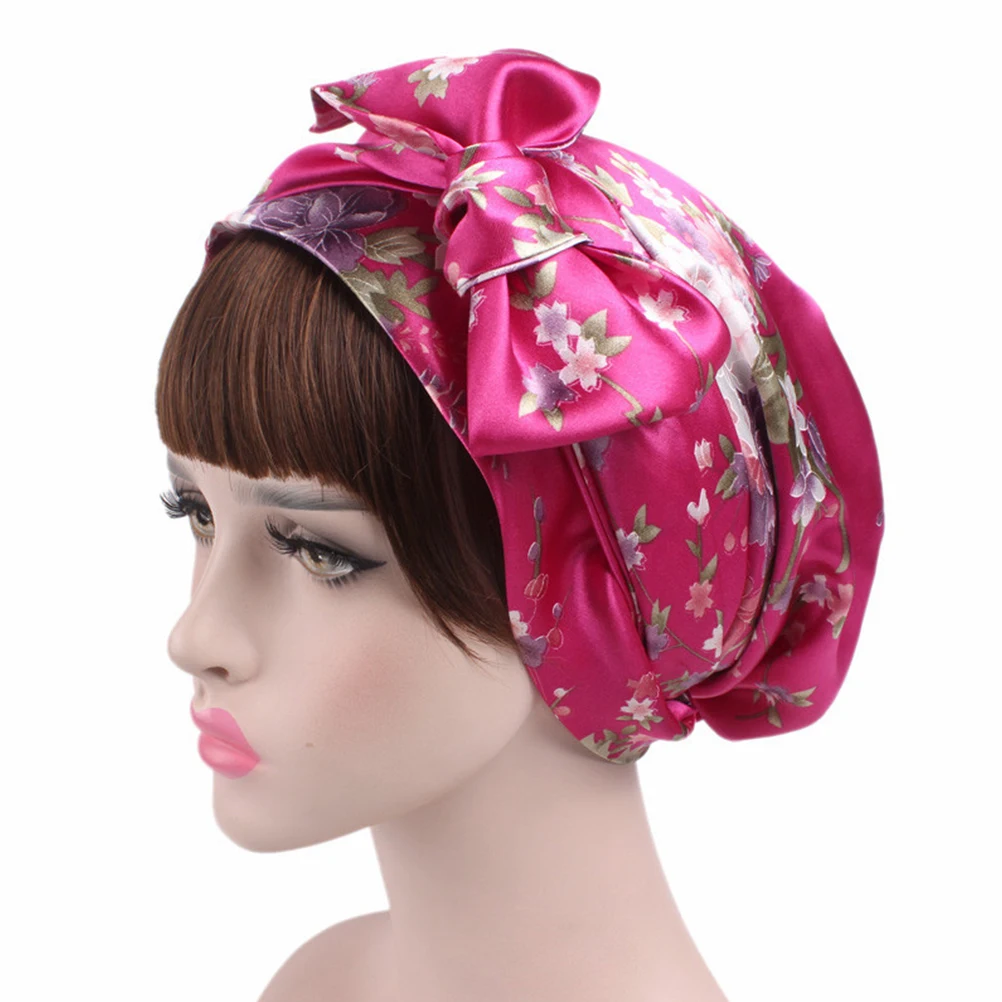 

Satin Sleeping Cap For Women Floral Print Hair Bonnet Soft Night Hat Anti-Breakage Sleep Cap Chemo Turban Stretchy Rosy