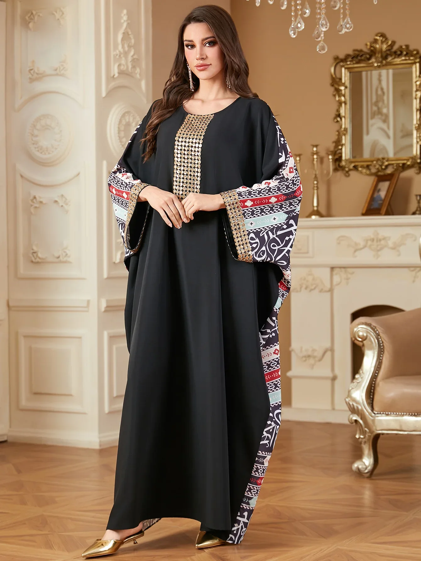 

Женское мусульманское платье макси с блестками, Дубай, Турция, кафтан, Ид Джеллаба, рукав «летучая мышь», исламская одежда, кафтан, марокаин, женский халат