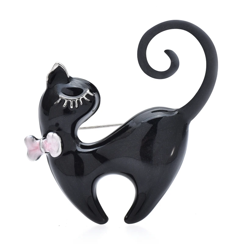 Wuli & baby-Esmalte Lovely Cat Broches para Mulheres, Branco, Preto, Bonito Wear, Bowknot, Animais de estimação, Animal Party Brooch Pin, Presentes Unisex