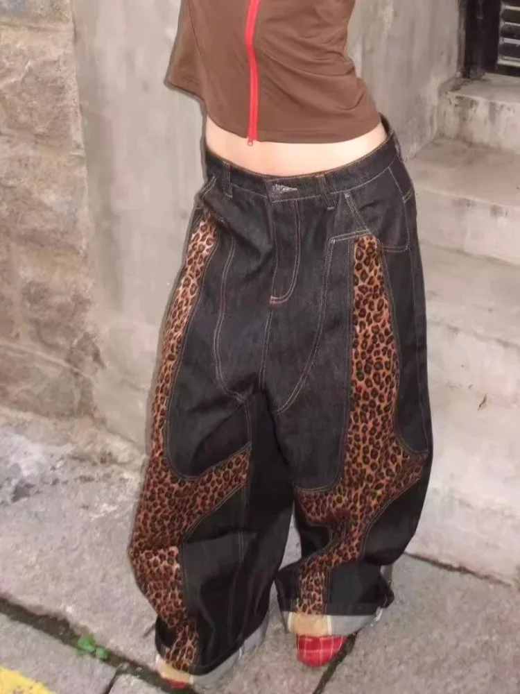 

2025 г., американские ретро Y2K, модные леопардовые лоскутные мешковатые женские джинсы, брюки, женская одежда, широкие готические женские джинсовые брюки