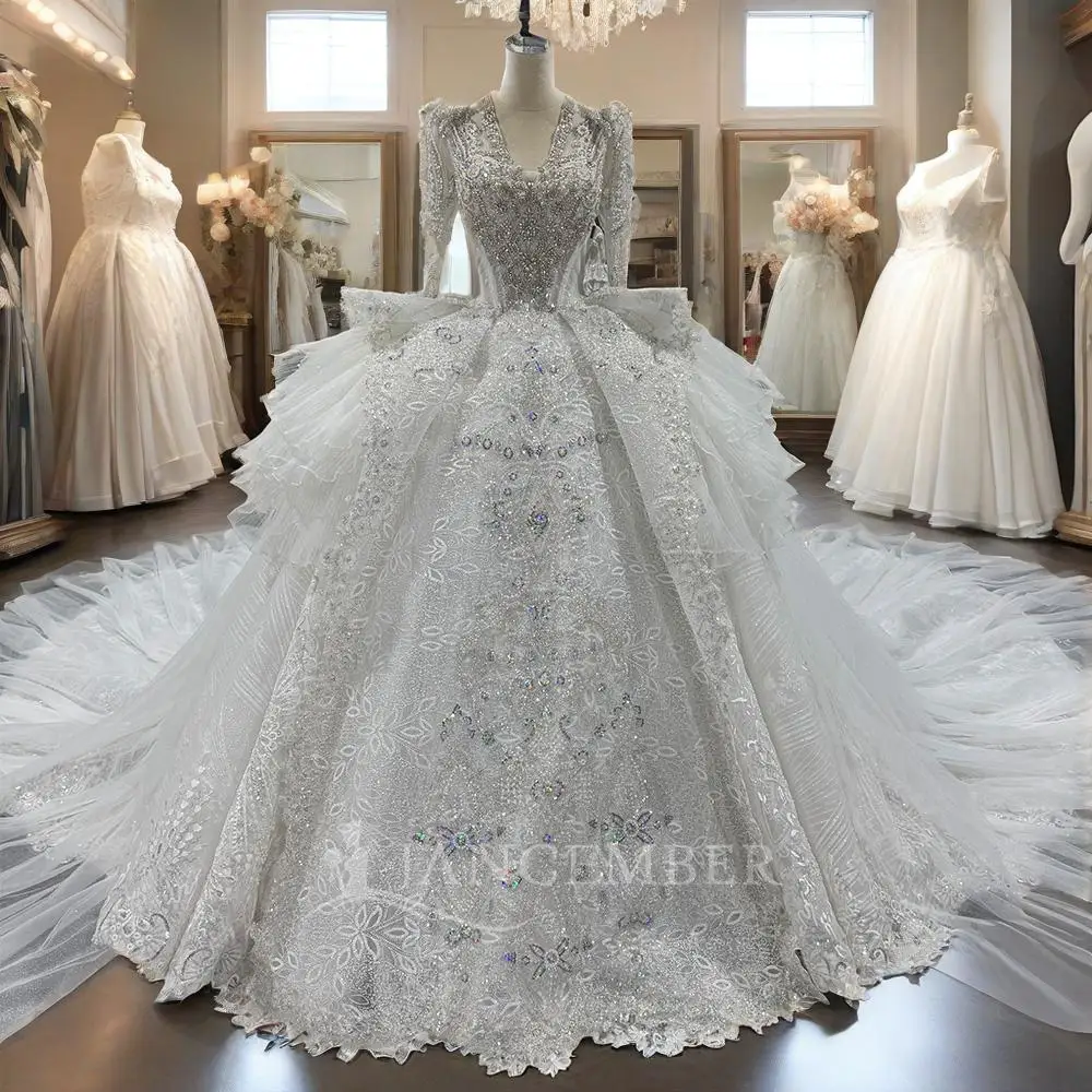 Customized Sparkly V-neck Wedding Dresses Sequins Beaded Backless Bridal Gowns with Court Train Shiny Made Robe De Mariee 2025