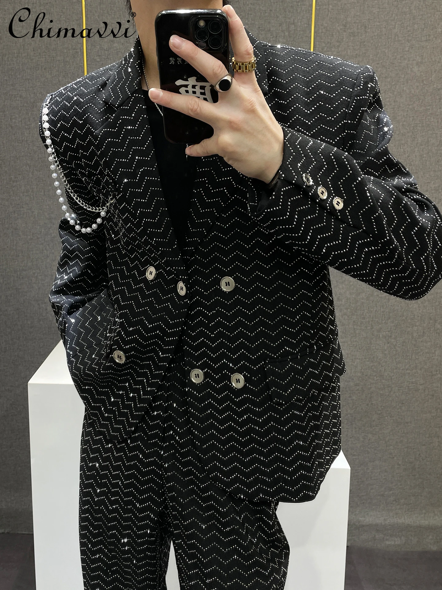 

High-end Gypsy Hot Diamond Suit Autumn Clothes Men's Ins Short Chain Suit Jacket + Trousers Two-piece Handsome Outfits