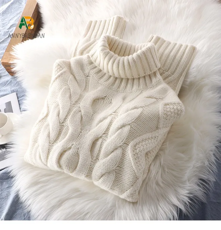 All-Cashmere Sweater Classic Cable-Knit Turtleneck Simple All-Match Women\'s Loose Below The Hip Sweater Winbter Tops Pullovers
