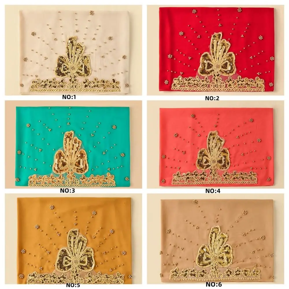 

Headwraps Silk Pearl Chiffon Hijab Scarf Gold Beads Long Islamic Turban Glitters Bandana Women Headscarf Women