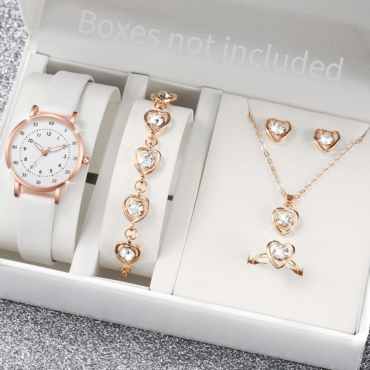 5PCS/Set Fashion Women Watches Diamond Heart Jewelry Set Female Small Dial Quartz Watch Leather Band Wristwatches（Without Box）