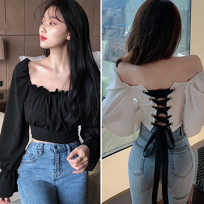 

Fashion Sexy Navel Exposed Long Sleeve Slash Neck Shirt Women's Bandage Blouses