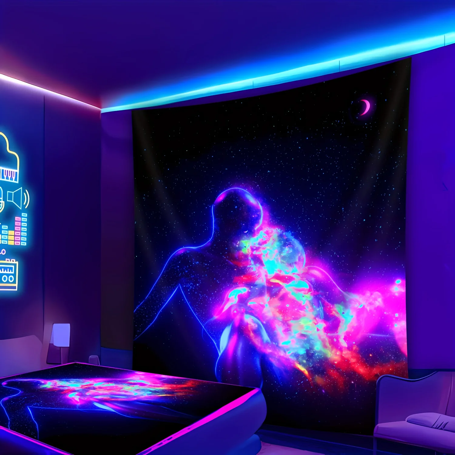 VIKAMA Galaxy Paar Wandteppich Halbmond Sternenhimmel Design Schlafzimmer Wohnzimmer Musik Studio Thema Raumdekoration