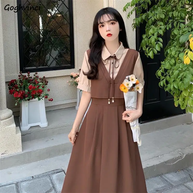 

Dresses Women Fake 2pcs Turn-down Collar Age-reducing Sweet Lovely Girls Preppy Style Short-sleeved Vestidos Ins Girlish Summer