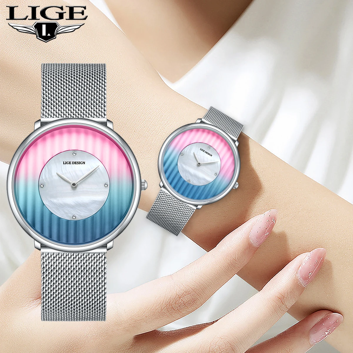 LIGE Women Watch Top Luxury Brand Steel Mesh Waterproof Ladies Watches Flower Quartz Female Wristwatch Charming Girl Clock
